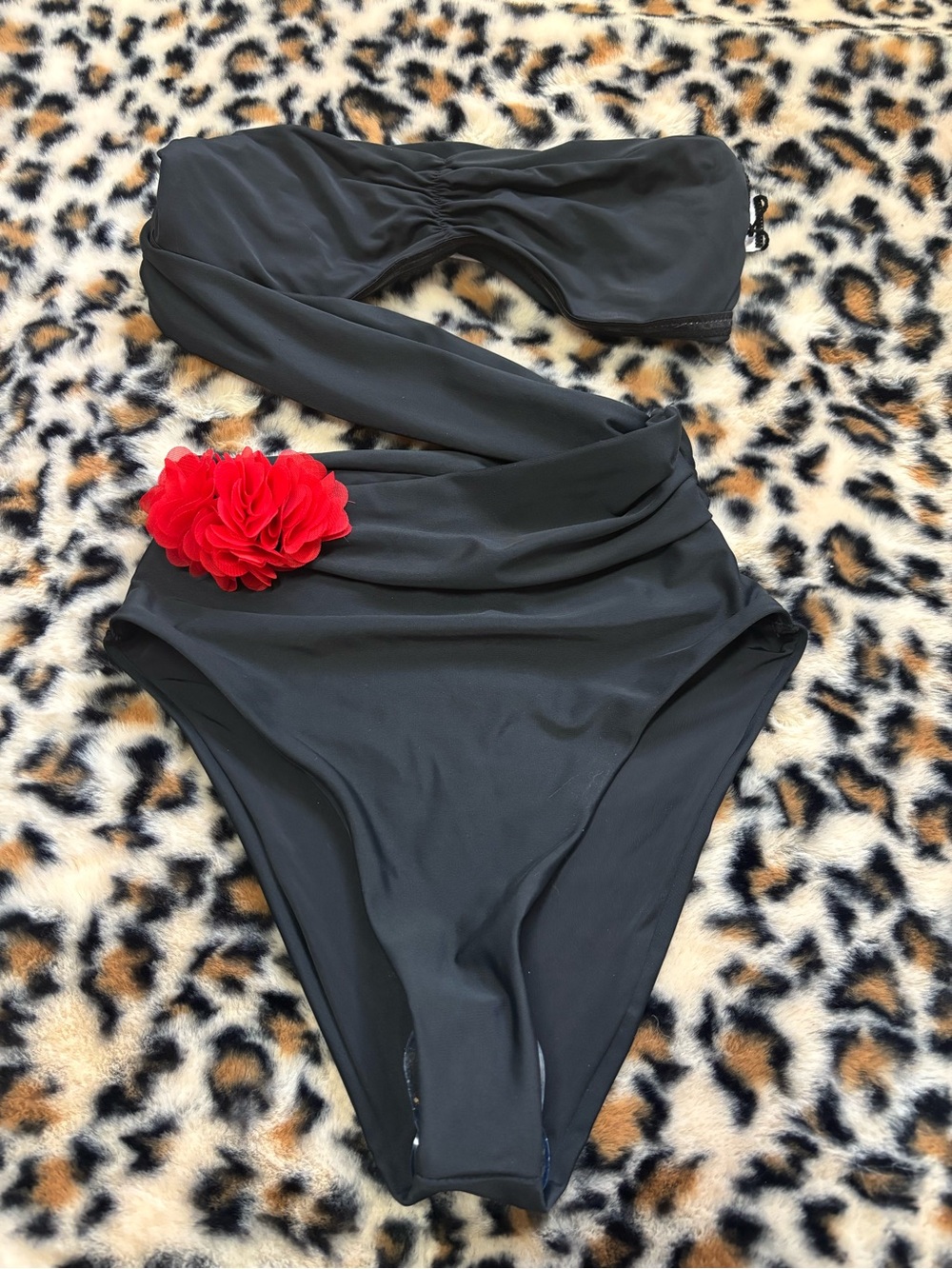 Lovers + Friends Black One-Shoulder Cutout One-Piece with Red Floral Accent